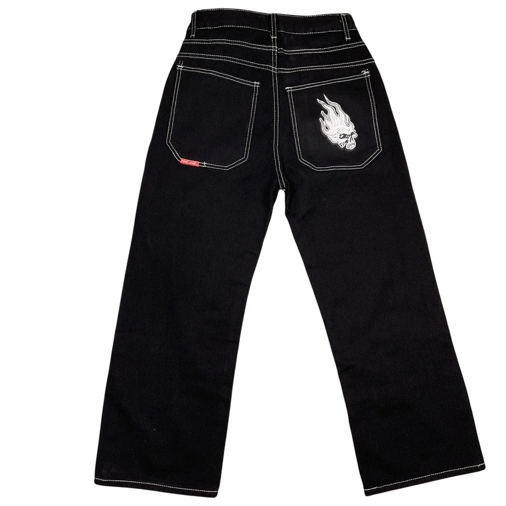 Wide Leg‎ Flaming Skull Pocket  Mens Small Black Contrast Stitch Denim Hip Hop